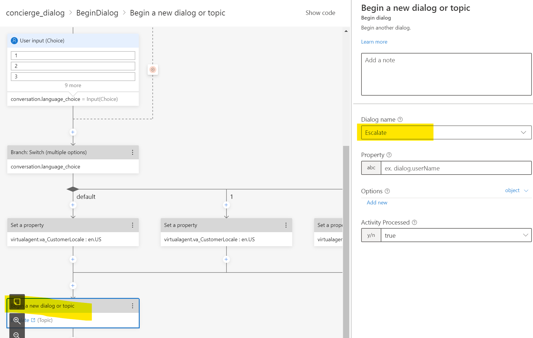 Figure 13: add a "begin a new dialog" node