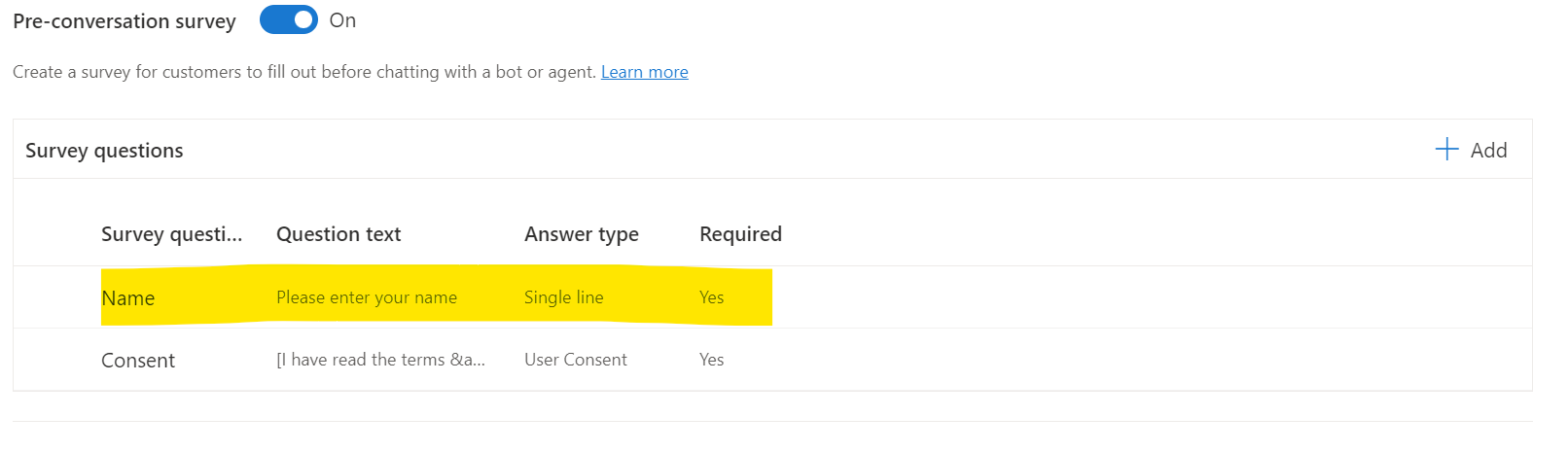 configuration of pre-conversation survey